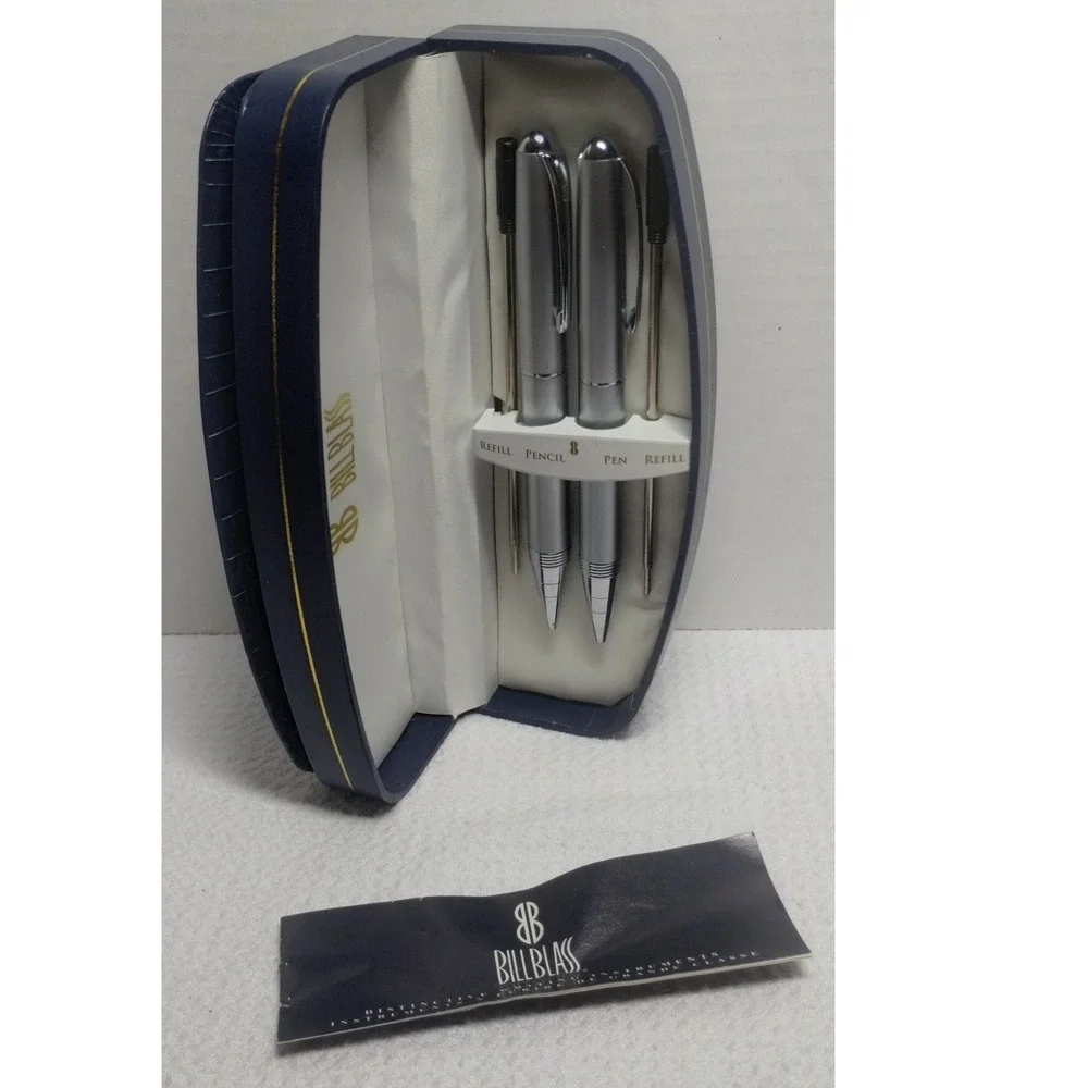 Bill Blass Silver Pen & Pencil Writing Instrument Set with Case Refills